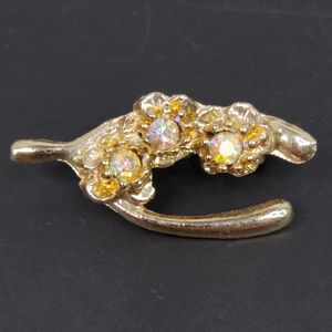 Vtg Gold Tone Wishbone Brooch Pin Aurora Borealis  Rhinestones